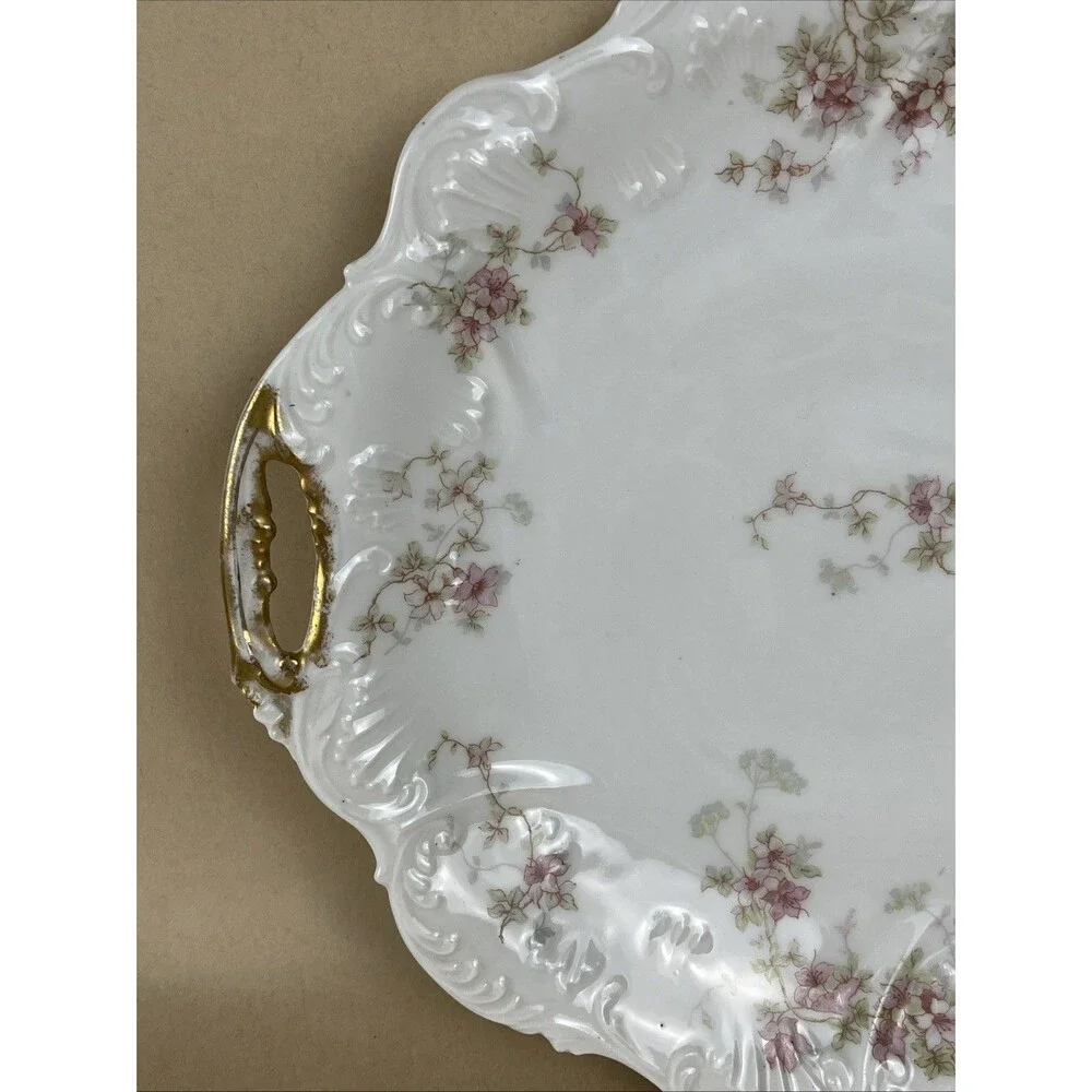 Antique‎ Elite Works Limoges France Pink Green Floral Serving Plate Golden Hdls